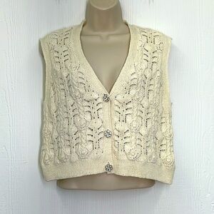 Zara - Ivory Cream Lightweight Knit Bejeweled Button Sleeveless Vest Size Small